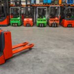 55131,Mechanical dolly and forklift machinery in warehouse